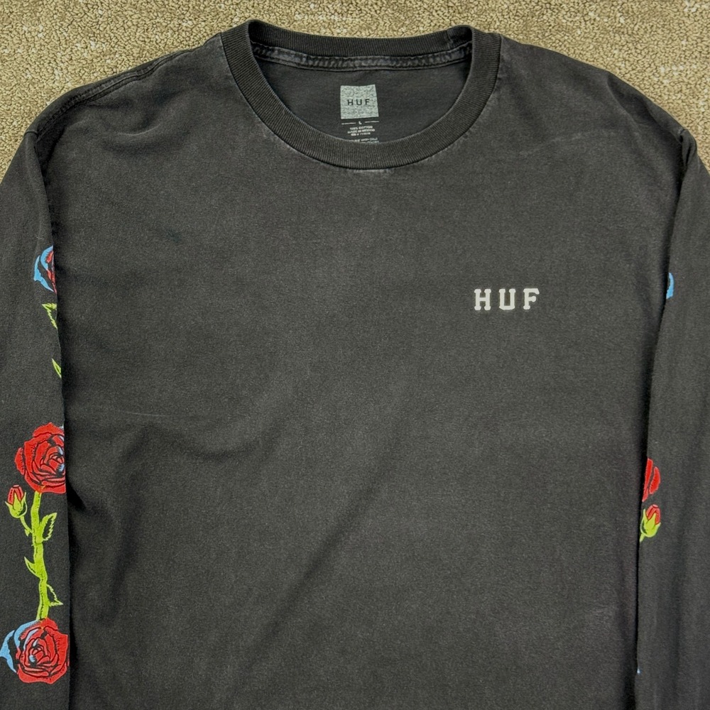 HUF Long Sleeve Shirt Mens L Black Rose Graphic Print Streetwear Skater